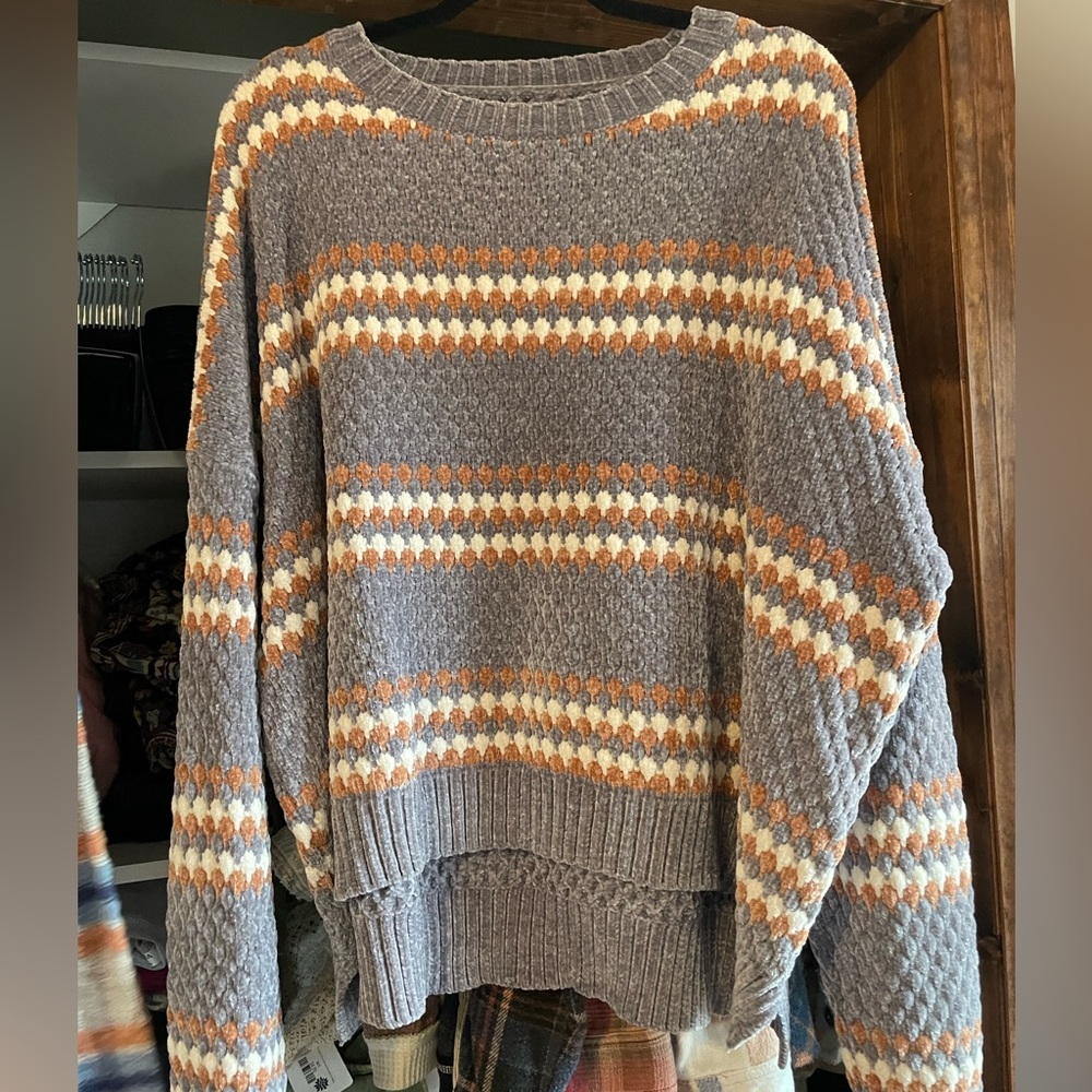Panache Gray Sweater with Orange and Cream Stripes